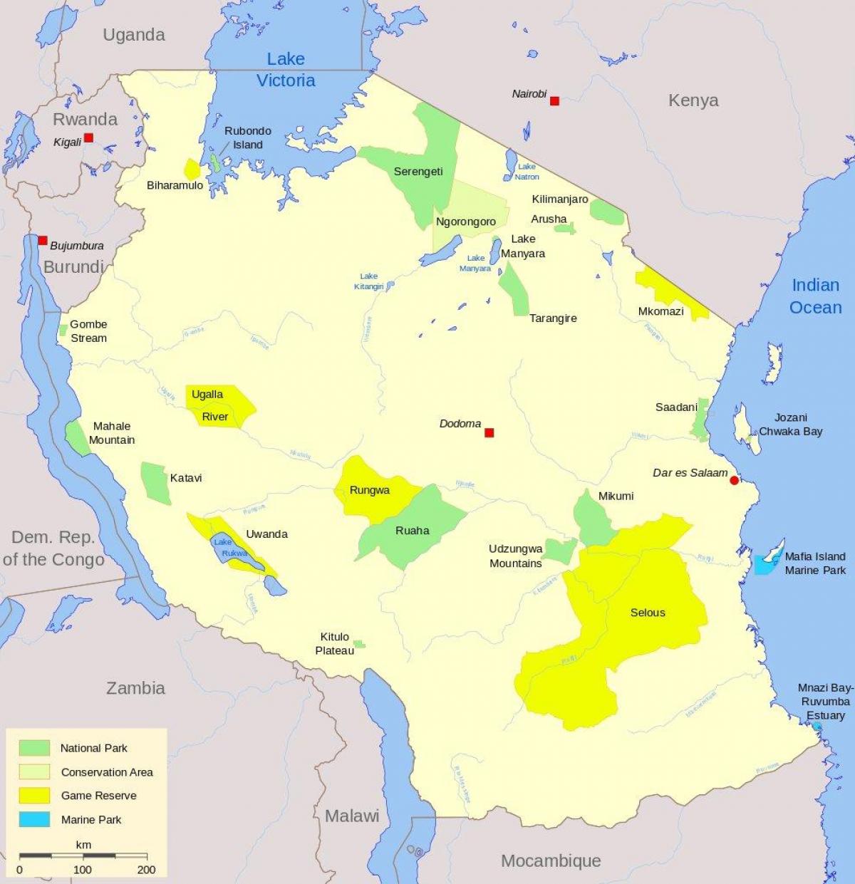 mapa ng tanzania national parke at taglay ng laro