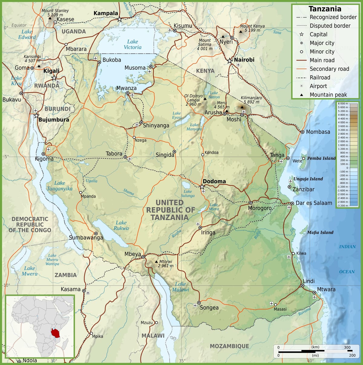 Mapa ng kalsada sa tanzania na may mga distansya