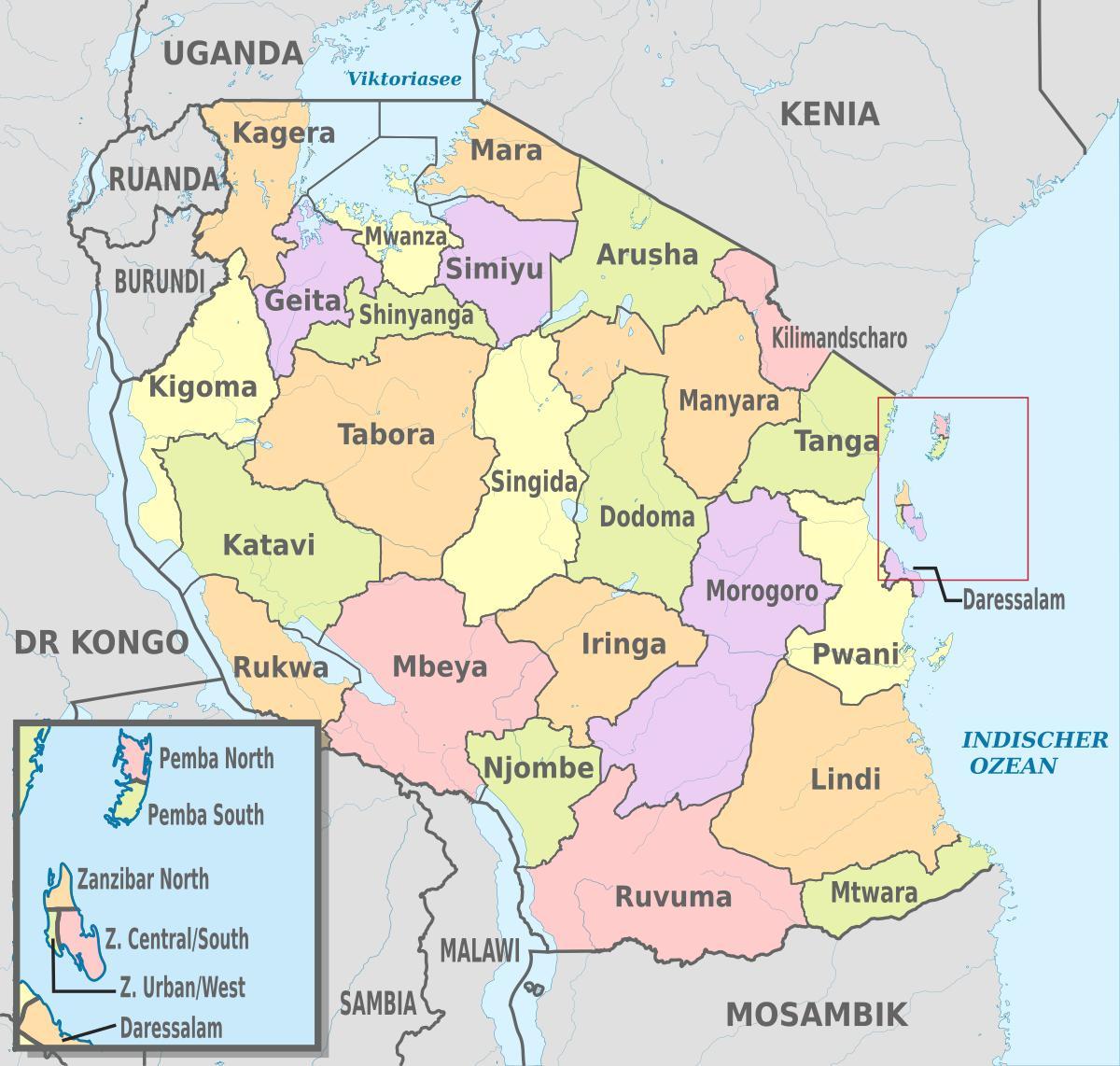 tanzania mapa na may mga bagong rehiyon