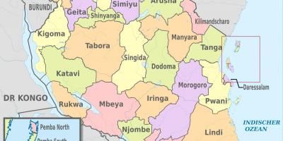 Tanzania mapa na may mga bagong rehiyon